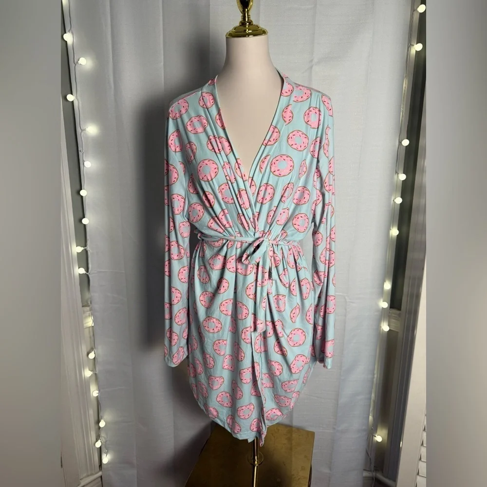 Sleep Junkie Blue and Pink Donut Print Robe with Tie Belt